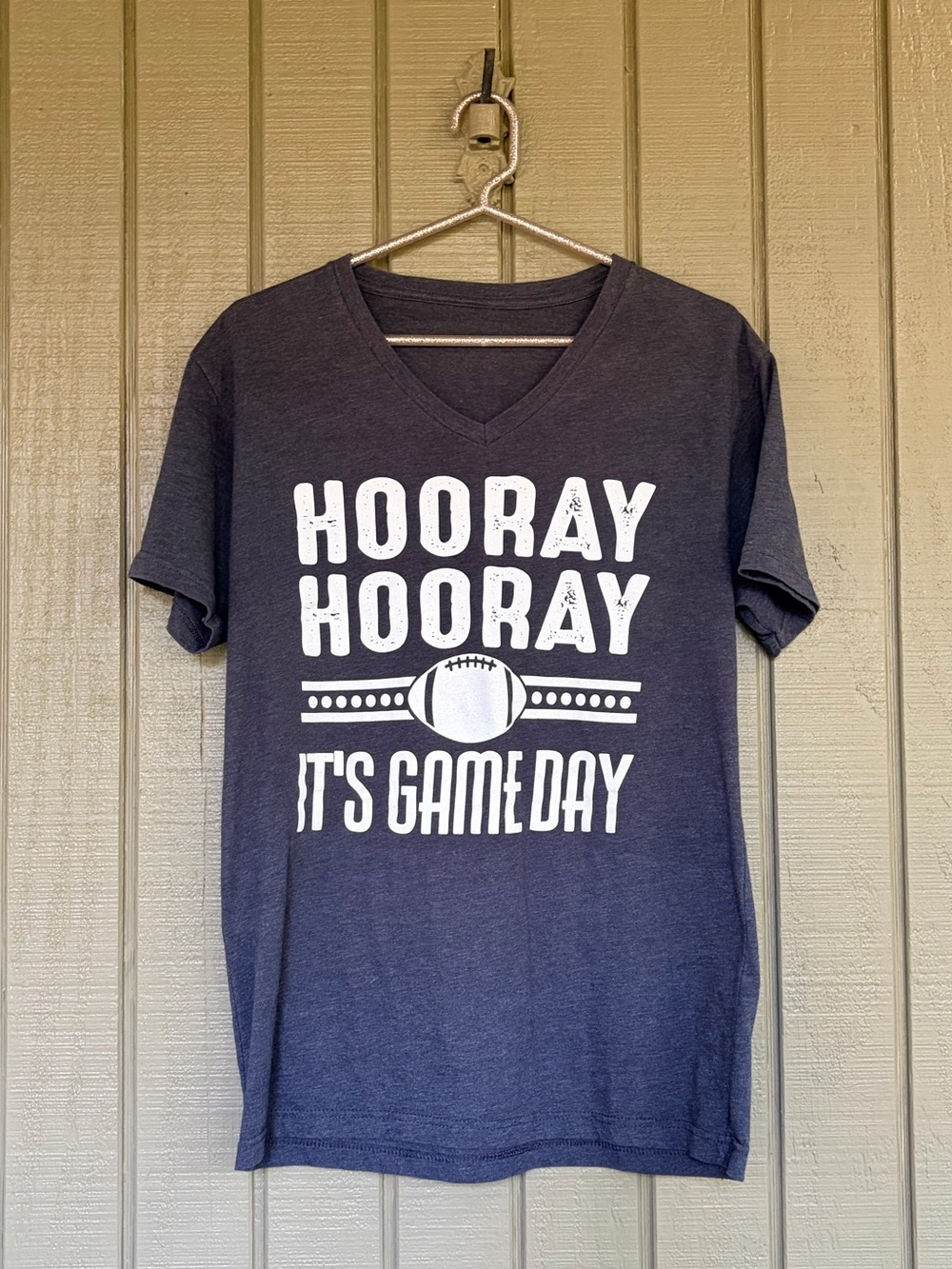 Hooray Hooray It’s Game Day Dark Gray Distressed V-Neck Tee M